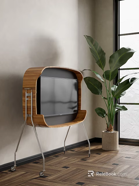 Modern TV In Wooden Stand With Metal Legs And Large Green Plant Near Window 3d model 