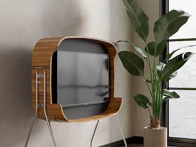 Modern TV In Wooden Stand With Metal Legs And Large Green Plant Near Window 3d model