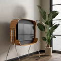 Modern TV In Wooden Stand With Metal Legs And Large Green Plant Near Window
