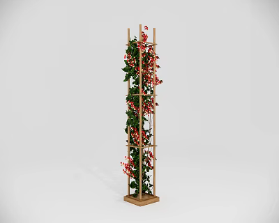 Wooden Garden Trellis Decor With Grid Structure Square Base Green Vines And Red Flowers 3d model