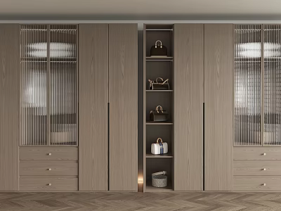 Modern Wooden Wardrobe Interior Design With Glass Doors Open Shelves And Drawers 3d model