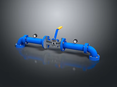 Industrial Blue Pipes System Featuring Valve with Yellow Handle and Flange Connections 3d model