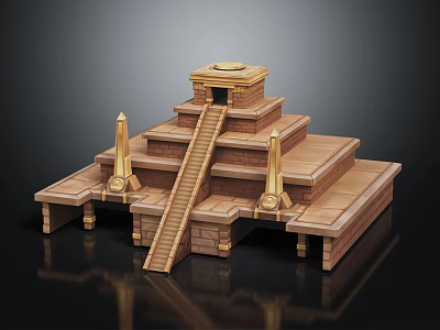 Cartoon Style Ancient Pyramid Scene With Grand Staircase Golden Decorations And Flanking Pillars 3d model