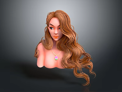 Realistic 3D Female Upper Body Model With Long Wavy Hair And Colorful Pendant Necklace 3d model