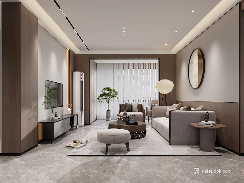 Elegant Modern New Chinese Style Living And Dining Room With Comfortable Sofas And Marble Floors 3d model 