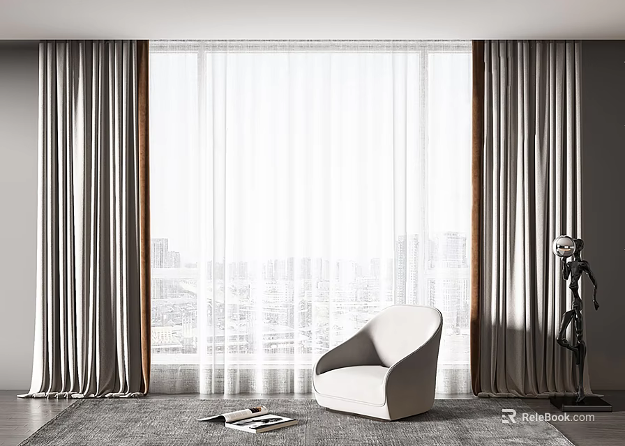 Modern Gray Curtains With Sheer Layers For Floor To Ceiling Window In Living Room 3d model 