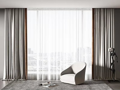 Modern Gray Curtains With Sheer Layers For Floor To Ceiling Window In Living Room 3d model