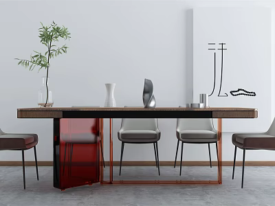 Minimalist Modern Dining Table Set With Wooden Top Red Copper Legs Chairs And Green Plant 3d model