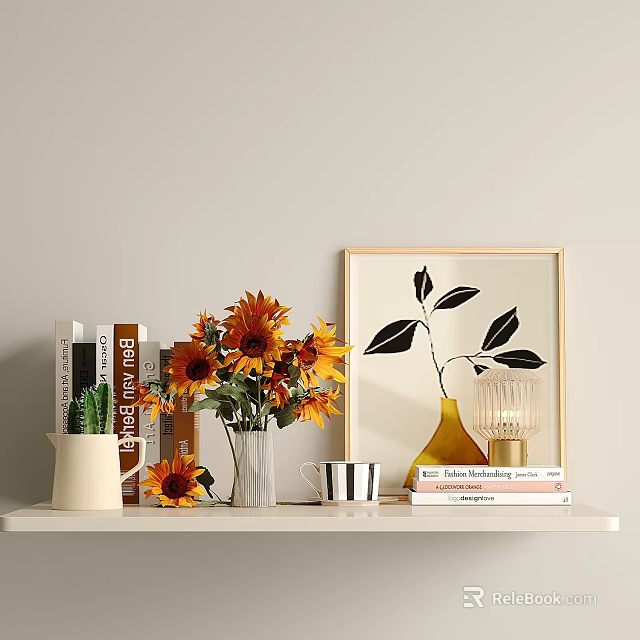 Decorative Ornament Set With Sunflower Bouquet Books Artwork Table Lamp And Mug On Shelf 3d model 