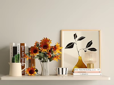 Decorative Ornament Set With Sunflower Bouquet Books Artwork Table Lamp And Mug On Shelf 3d model