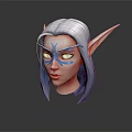 Fantasy Game Movie Character With Silver Gray Long Hair Elf Ears Blue Facial Markings And White Eyes