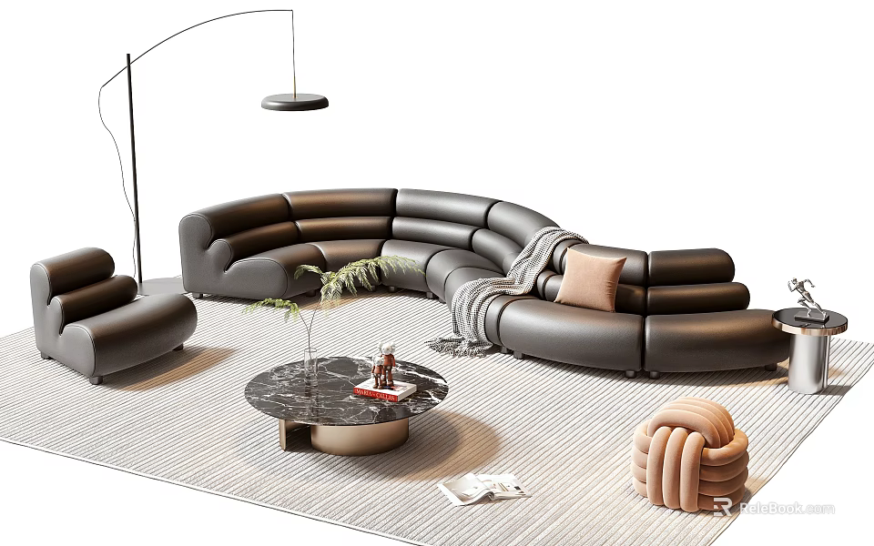 Modern Living Room Curved Black Leather Sofa and Round Coffee Table Set with Floor Lamp 3d model 