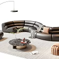 Modern Living Room Curved Black Leather Sofa and Round Coffee Table Set with Floor Lamp