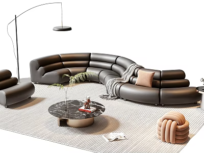 Modern Living Room Curved Black Leather Sofa and Round Coffee Table Set with Floor Lamp 3d model