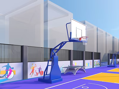 Modern Basketball Court With Colorful Flooring Hoops And Murals 3d model