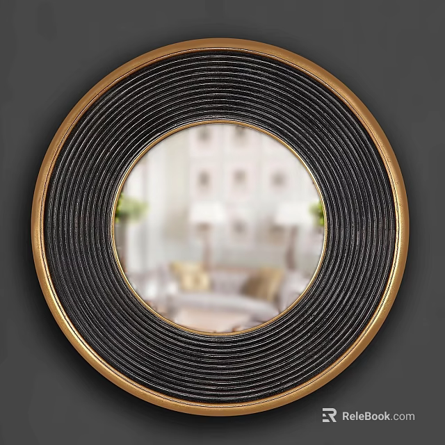 Round Mirror With Black And Gold Striped Frame Reflecting Living Room Interior 3d model 