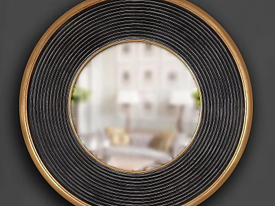 Round Mirror With Black And Gold Striped Frame Reflecting Living Room Interior 3d model