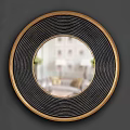 Round Mirror With Black And Gold Striped Frame Reflecting Living Room Interior