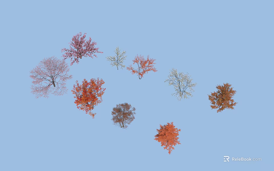Colorful Autumn Trees With Red Orange Brown And White Foliage In Blue Sky 3d model 