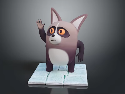 3D Cartoon Purple And White Raccoon Like Animal Character Waving Hand On Cracked Square Base 3d model