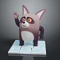 3D Cartoon Purple And White Raccoon Like Animal Character Waving Hand On Cracked Square Base