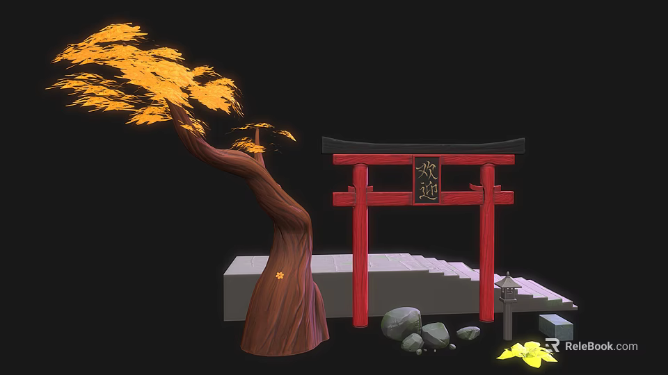 Traditional Chinese Pai Fang Archway With Golden Leaf Tree Stone Steps And Lantern 3d model 