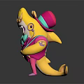 Cartoon Game Character With Yellow Head Horns Headphones Pink Suit Green Bowtie And Yellow Tail