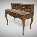 Vintage Wooden Writing Desk With Drawers Open Shelves And Curved Legs