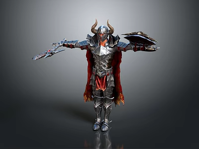 Game and Movie Armored Character with Horned Helmet Sword Shield and Red Cape 3d model