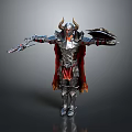 Game and Movie Armored Character with Horned Helmet Sword Shield and Red Cape