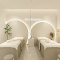 Modern Beauty Hair Salon Interior Featuring Reception Desk Circular Logo Pendant Lights Sculpture Marble Floor