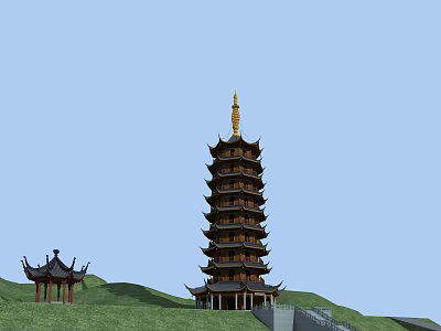 Traditional Multi tiered Tower With Golden Spire On Green Hillside And Pavilion Under Blue Sky 3d model