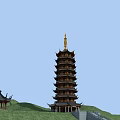 Traditional Multi tiered Tower With Golden Spire On Green Hillside And Pavilion Under Blue Sky