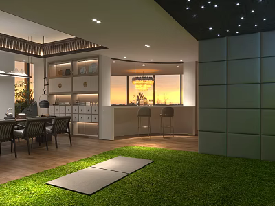 Modern Clubhouse Interior Design With Dining Table Bar Counter And Green Grass Area 3d model
