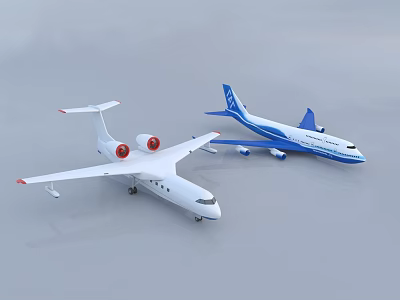 Two Different Colored Passenger Planes With Red Engines And Blue Accents 3d model