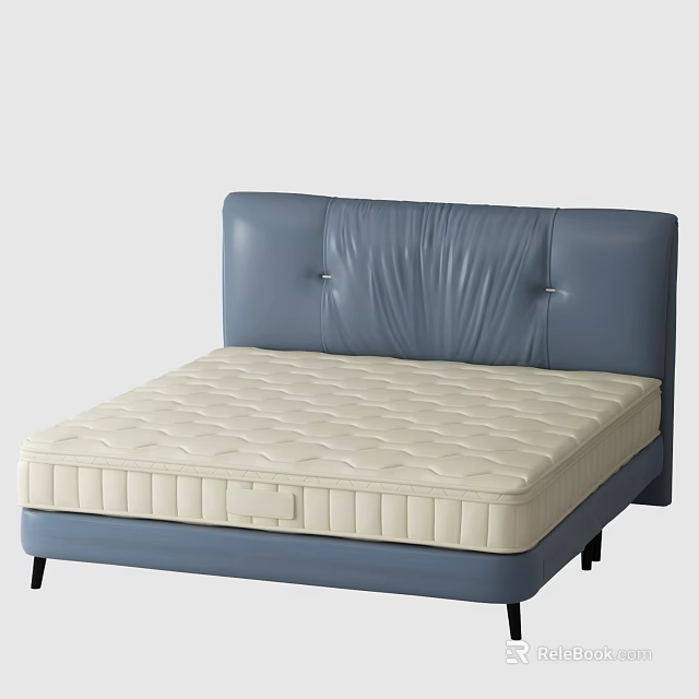 Modern Double Bed With Blue Leather Headboard And Cream Mattress 3d model 