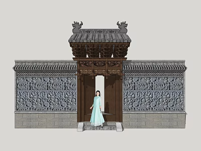 Traditional Chinese Entrance Gate With Ornate Roof Carved Walls And Woman In Blue Dress 3d model