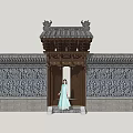 Traditional Chinese Entrance Gate With Ornate Roof Carved Walls And Woman In Blue Dress