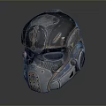 Futuristic Weapon Tactical Helmet With Weathered Metal Mechanical Details And Blue Black Accents