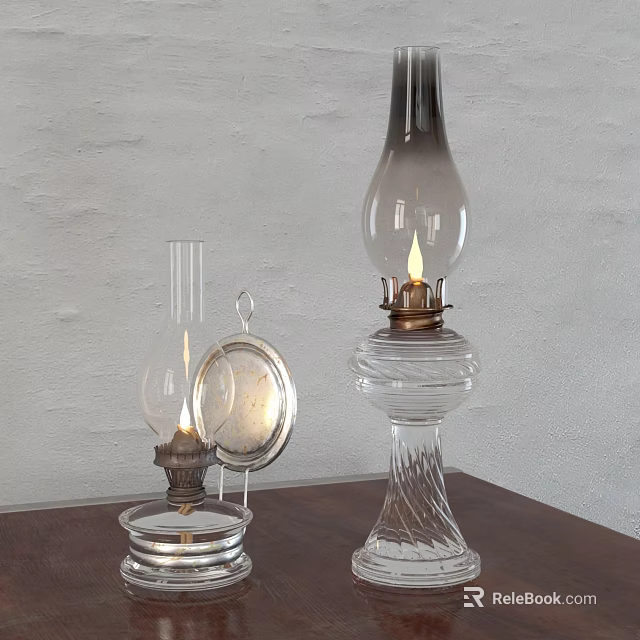 Two Vintage Glass Candle Lamps with Lit Wicks on Wooden Table Against White Wall 3d model 