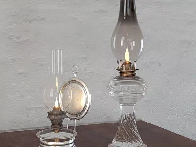 Two Vintage Glass Candle Lamps with Lit Wicks on Wooden Table Against White Wall 3d model