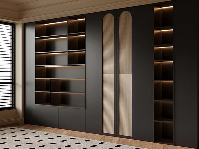 Modern Dark Bookcase With LED Lighting Multiple Shelves And Arched Accents 3d model