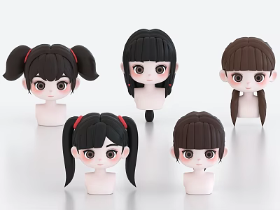 Cute Cartoon Girl Head Models With Various Hairstyles Black Brown On White Background 3d model