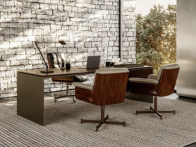 Modern Workspace Wooden Desk With Two Leather Chairs And Brick Wall Natural Light 3d model