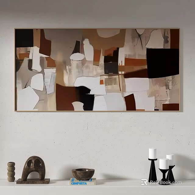 Modern Abstract Painting With Brown White Black Beige Geometric Shapes And Irregular Patches 3d model 