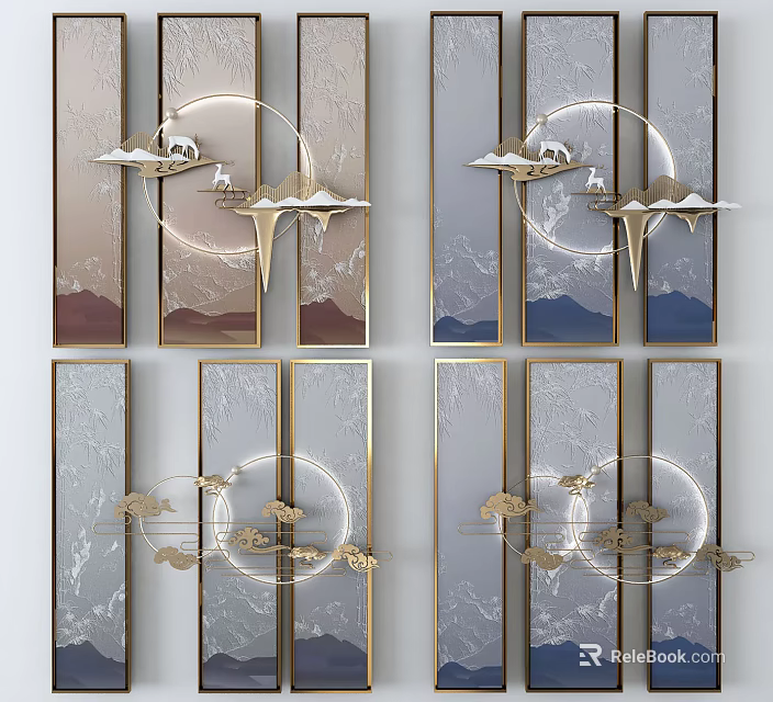 Modern Elegant Wall Decor with Mountain Cloud Moon Elements and Golden Frame Panels 3d model