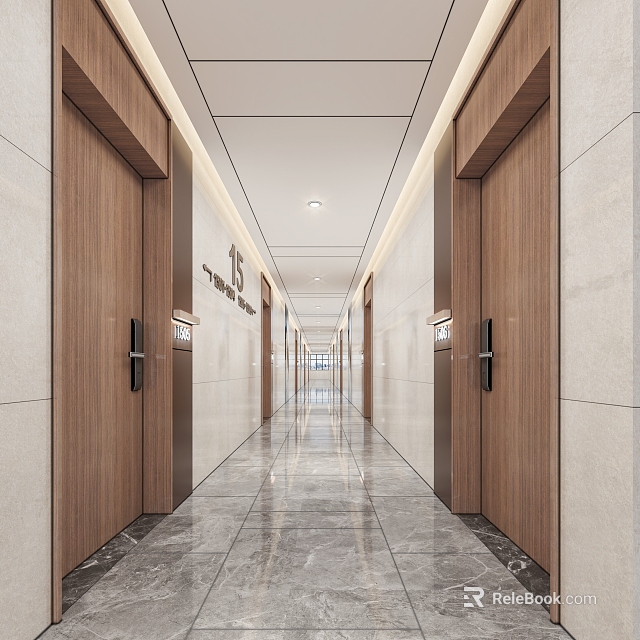 Modern Hotel Corridor With Wooden Doors Marble Flooring And Recessed Lighting 3d model 
