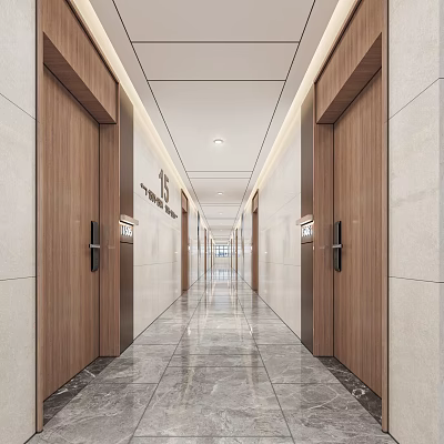 Modern Hotel Corridor With Wooden Doors Marble Flooring And Recessed Lighting 3d model