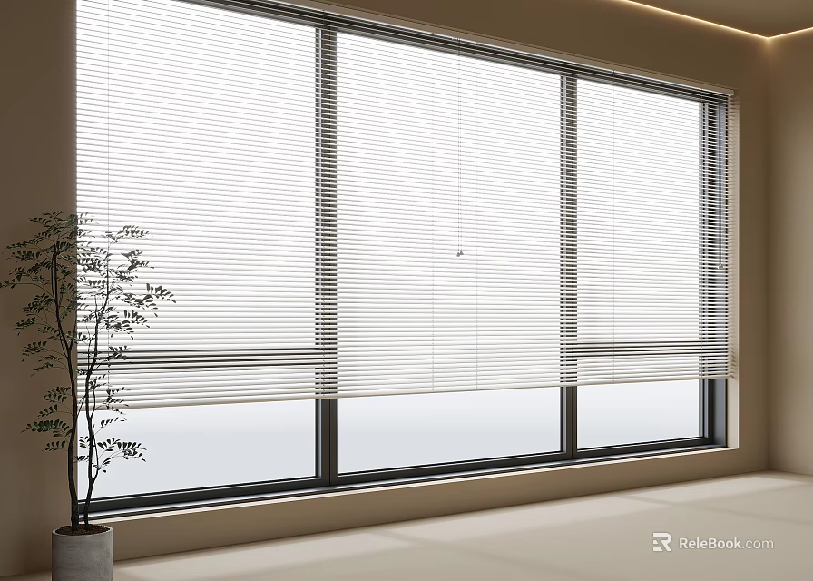 Stylish Light Filtering Window Blinds In Modern Interior With Large Window And Potted Plant 3d model 
