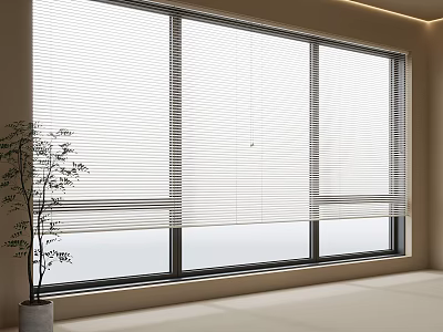 Stylish Light Filtering Window Blinds In Modern Interior With Large Window And Potted Plant 3d model